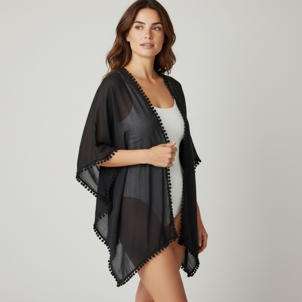 Cejon Sheer Black Swim Cover-Up Kimono Kaftan Crocheted Detail Back Summer Beach